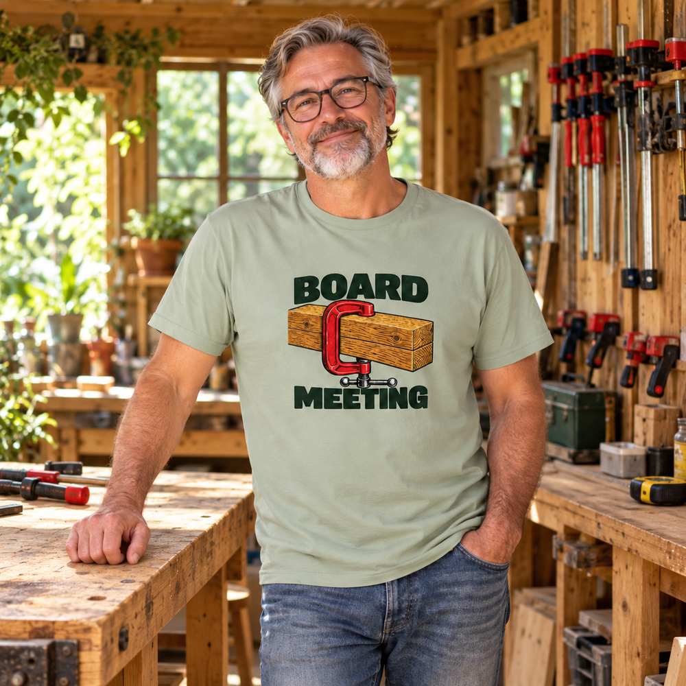 Dad wearing Board Meeting, resting a hand on a workbench