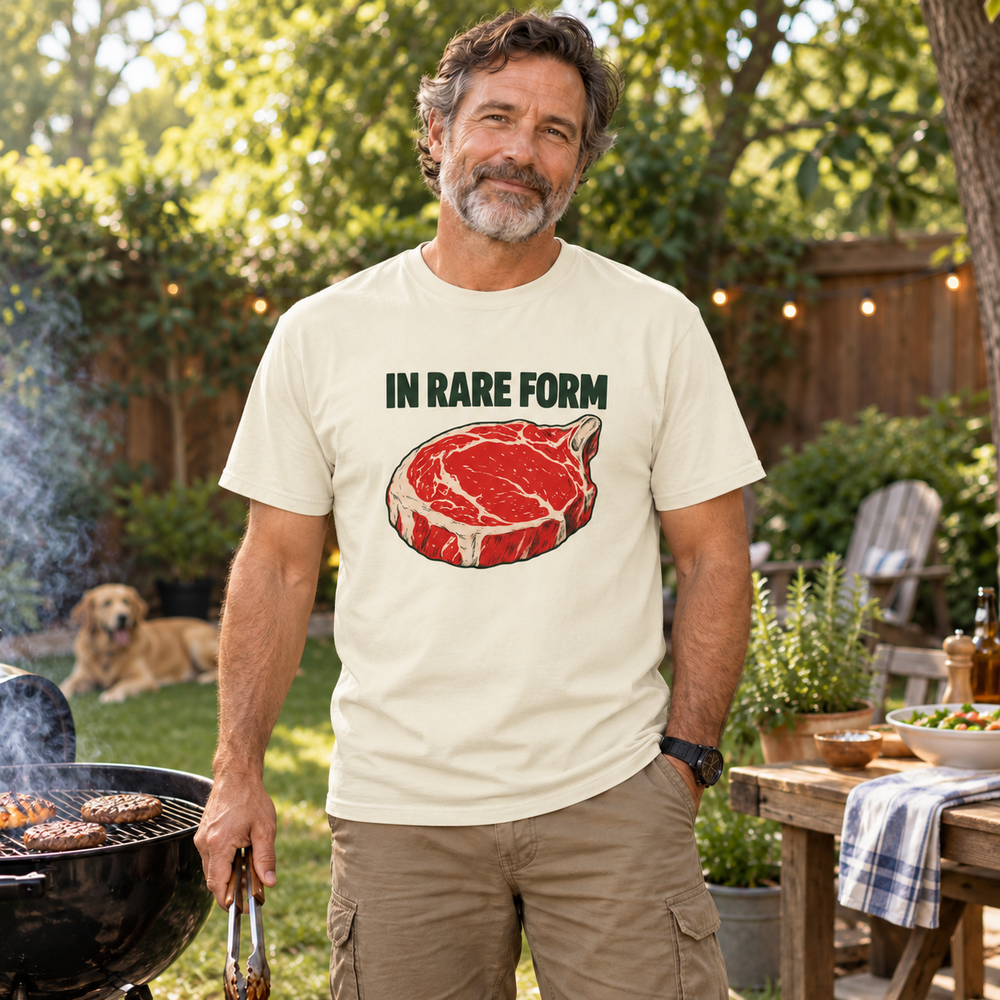 Dad wearing the ivory In Rare Form shirt beside a backyard grill