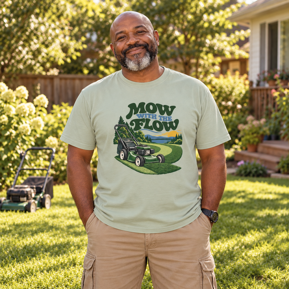 Dad wearing Mow With the Flow, with a mower on the lawn behind him