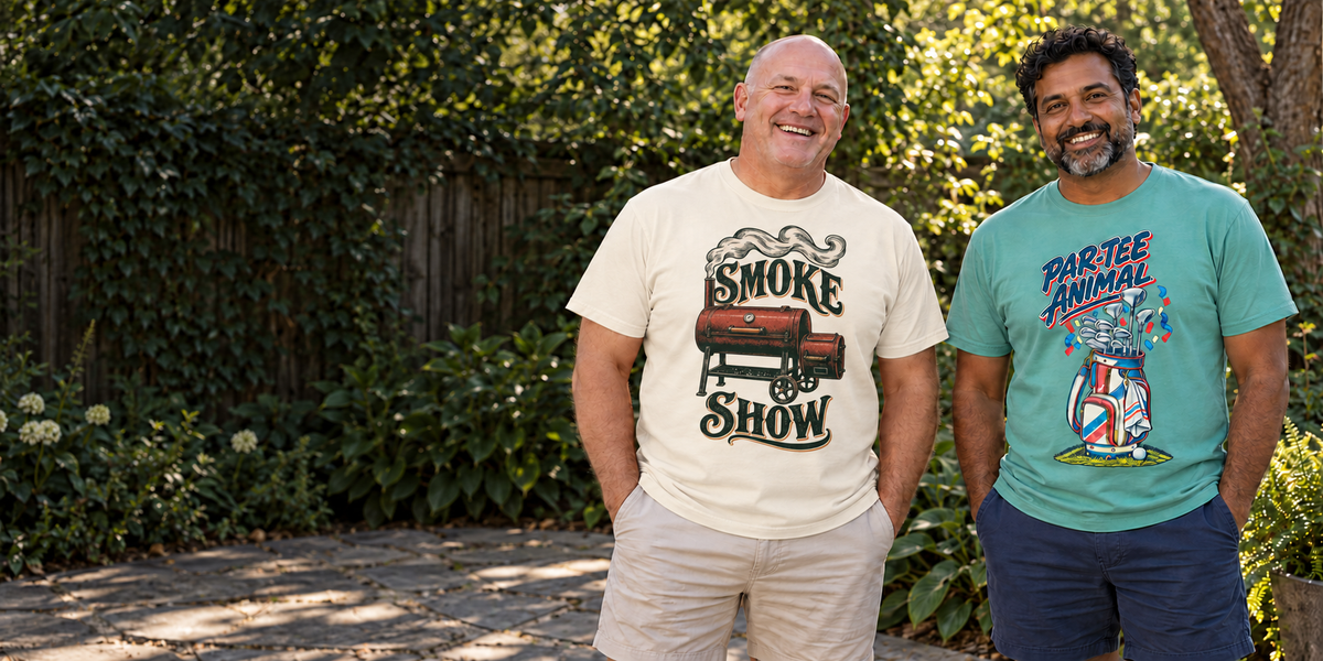 Two dads wearing Smoke Show and Par-Tee Animal shirts